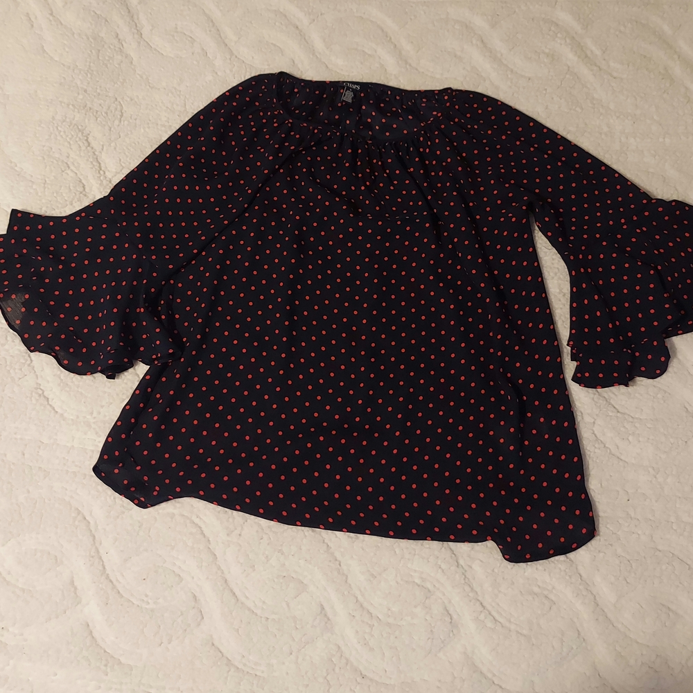 Chaps Black Blouse with Red Polka Dots